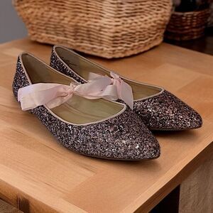 Betsey Johnson Glittery Ballet Flats 6M Lia Balletcore Bow Tie Romantic Coquette